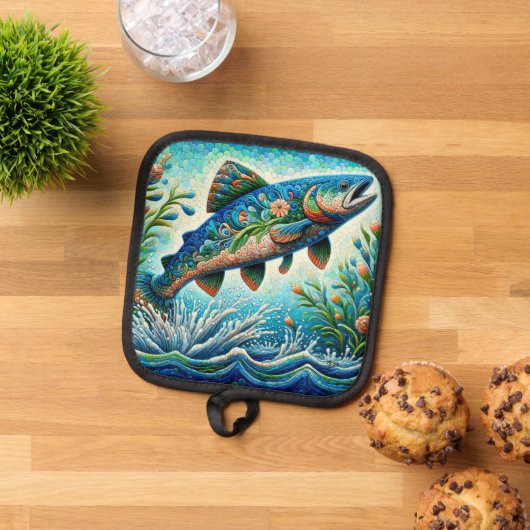 Zalm Springen Mozaïek Bloemen Blauw Groen Perzik Pannenlap (Top down)