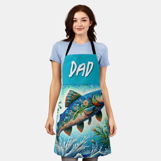 Zalm Springen Mozaïek Bloemen Blauw Groen Perzik Schort (Gedragen)