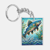 Zalm Springen Mozaïek Bloemen Blauw Groen Perzik Sleutelhanger (Voorkant Links)