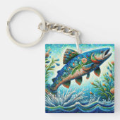 Zalm Springen Mozaïek Bloemen Blauw Groen Perzik Sleutelhanger (Voorkant)