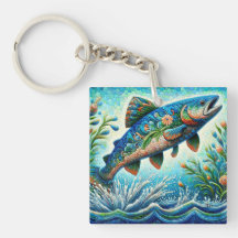 Zalm Springen Mozaïek Bloemen Blauw Groen Perzik