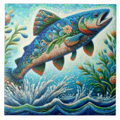 Zalm Springen Mozaïek Bloemen Blauw Groen Perzik Tegeltje (Voorkant)