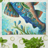 Zalm Springen Mozaïek Bloemen Blauw Groen Perzik Theedoek (Gevouwen)