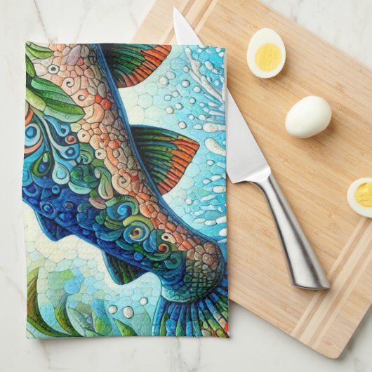 Zalm Springen Mozaïek Bloemen Blauw Groen Perzik Theedoek (Quarter Fold)