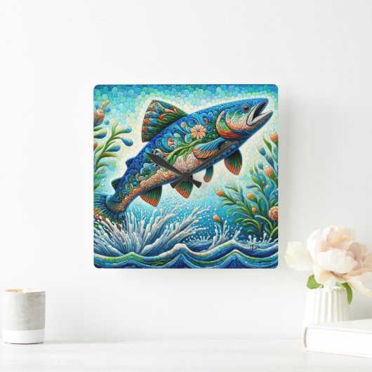 Zalm Springen Mozaïek Bloemen Blauw Groen Perzik Vierkante Klok (Huis)
