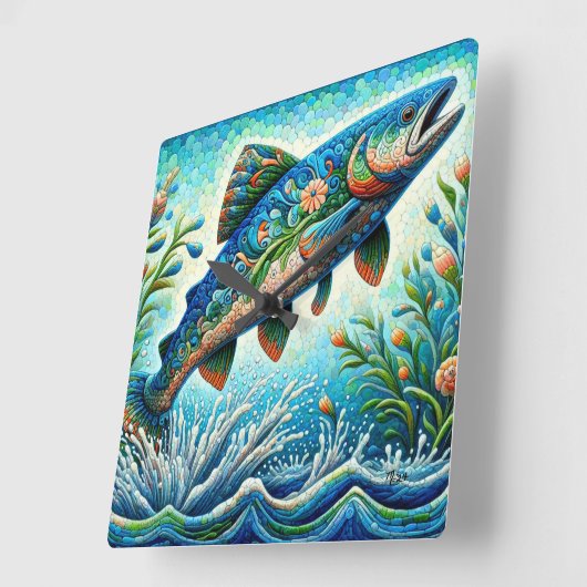 Zalm Springen Mozaïek Bloemen Blauw Groen Perzik Vierkante Klok (Hoek)