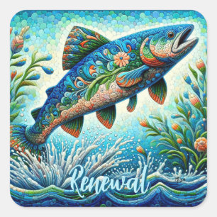 Zalm Springen Mozaïek Bloemen Blauw Groen Perzik Vierkante Sticker