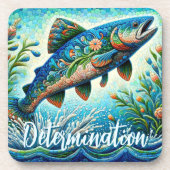 Zalm Springende Mozaïek Bloem Blauw Persoonlijk Bier Onderzetter (Voorkant)