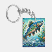Zalm Springende Mozaïek Bloem Blauw Persoonlijk Sleutelhanger (Voorkant Links)