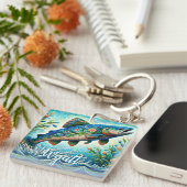 Zalm Springende Mozaïek Bloem Blauw Persoonlijk Sleutelhanger (Voorkant Rechts)