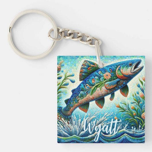 Zalm Springende Mozaïek Bloem Blauw Persoonlijk Sleutelhanger (Voorkant)