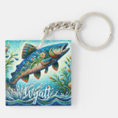 Zalm Springende Mozaïek Bloem Blauw Persoonlijk Sleutelhanger (Achterkant)
