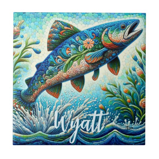 Zalm Springende Mozaïek Bloem Blauw Persoonlijk Tegeltje (Voorkant)