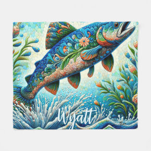Zalm Springende Mozaïek Bloemig Blauw Persoonlijk Fleece Deken