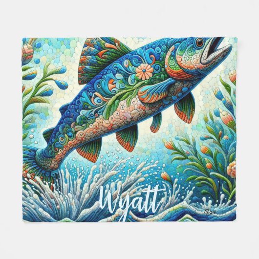 Zalm Springende Mozaïek Bloemig Blauw Persoonlijk Fleece Deken (Voorkant (Horizontaal))