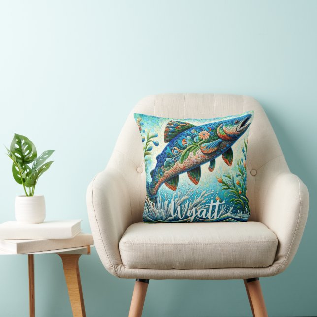 Zalm Springende Mozaïek Bloemig Blauw Persoonlijk Kussen (Stoel)