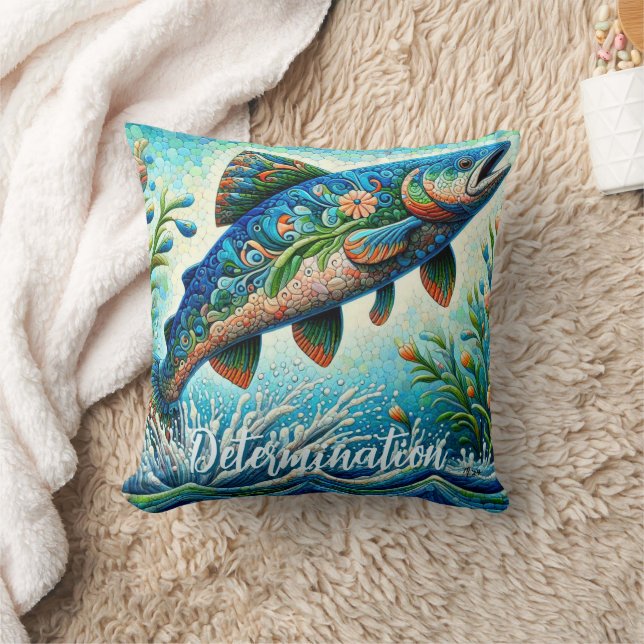 Zalm Springende Mozaïek Bloemig Blauw Persoonlijk Kussen (Deken)
