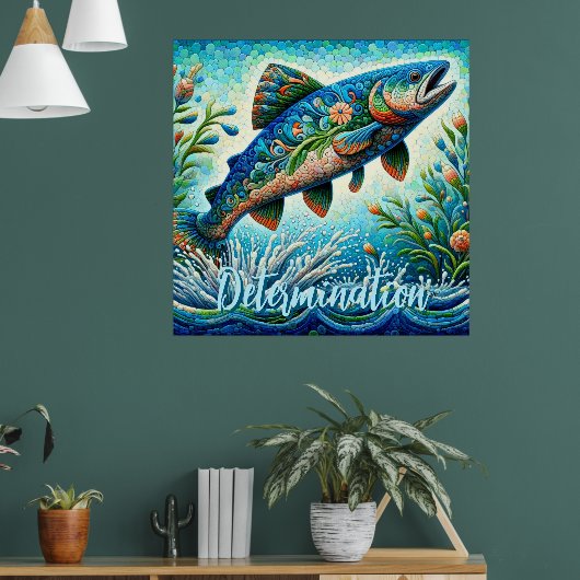Zalm Springende Mozaïek Bloemig Blauw Persoonlijk Poster (Woonkamer 1)