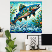 Zalm Springende Mozaïek Bloemig Blauw Persoonlijk Poster (Thuiskantoor)