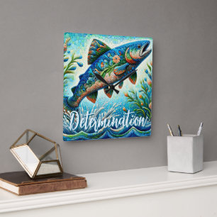 Zalm Springende Mozaïek Bloemig Blauw Persoonlijk Vierkante Klok