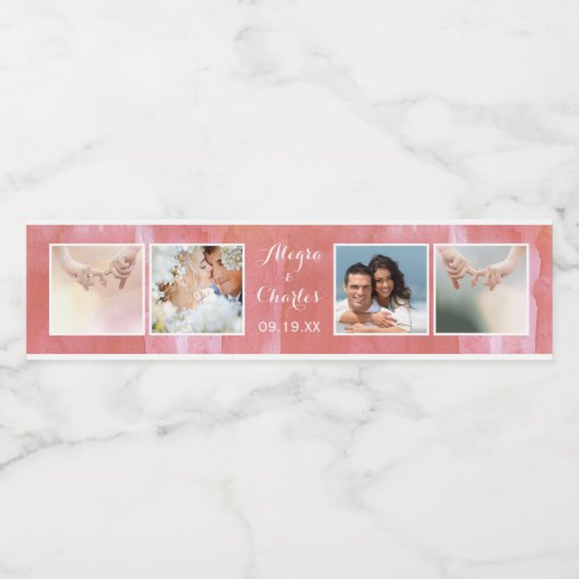 zalm Waterverf bruiloft foto collage Waterfles Etiket (Enkel label)