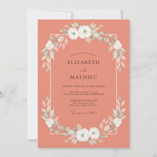 Zalm Witte Ranunculus Eucalyptus Bruiloft Kaart (Voorkant)