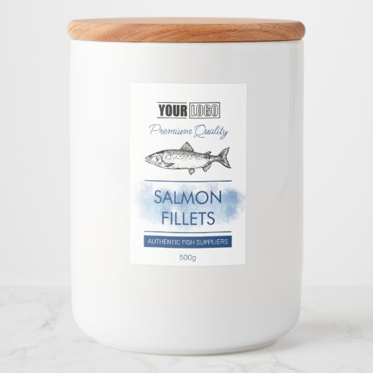 Zalmfilets Fish Productlabel met Logo Voedselcontainer Etiket (Voorkant)