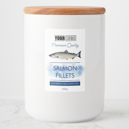 Zalmfilets Fish Productlabel met Logo Voedselcontainer Etiket (Voorkant)