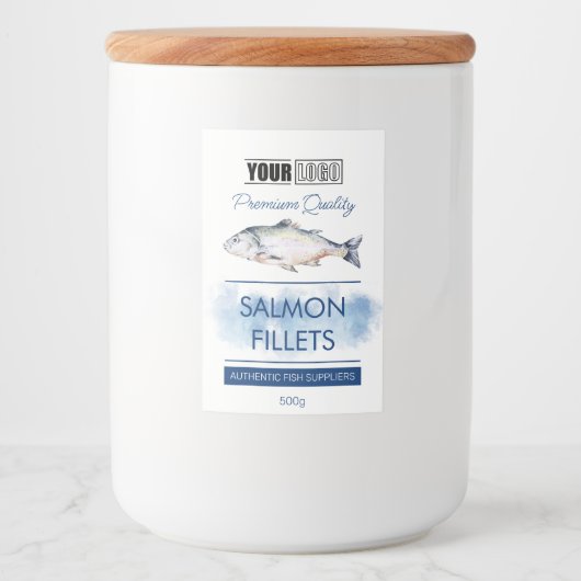 Zalmfilets Fish Productlabel met Logo Voedselcontainer Etiket (Voorkant)