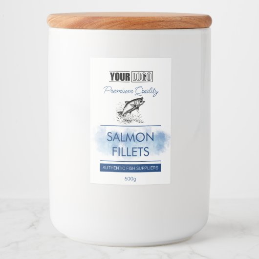 Zalmfilets Fish Productlabel met Logo Voedselcontainer Etiket (Voorkant)
