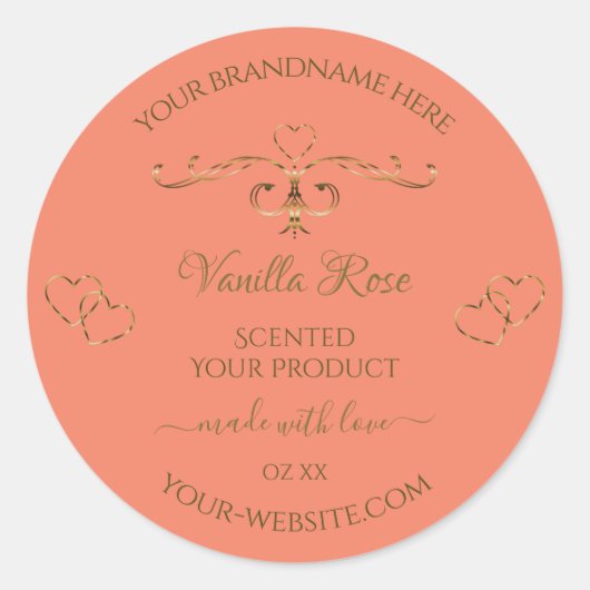 Zalmproductlabels Gold Hearts  Border Ronde Sticker (Voorkant)