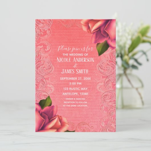 Zalmroze  Antiek Roos Elegante bruiloft Kaart (Staand voorkant)