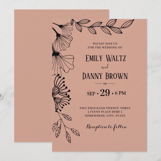 Zalmroze botanische eenvoudige doodle bruiloft kaart (Voorkant / Achterkant)