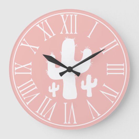 Zalmroze en witte cactus Silhouette Grote Klok (Voorkant)