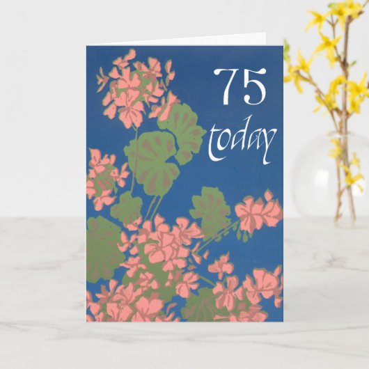 Zalmroze Geraniums op Deep Blue, 75e verjaardag Kaart (Gele Bloem)
