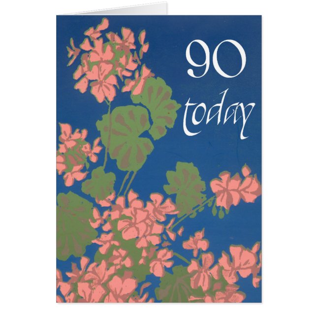 Zalmroze Geraniums op Deep Blue, 90e verjaardag (Voorkant)