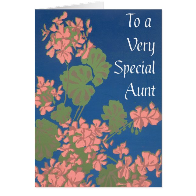 Zalmroze Geraniums op Deep Blue, speciale tante (Voorkant)