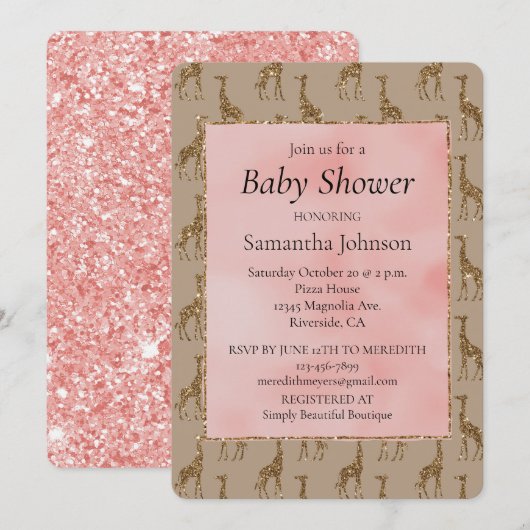 Zalmroze Glitter Bruine Giraffes Baby shower Kaart (Voorkant / Achterkant)