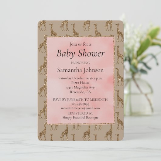 Zalmroze Glitter Bruine Giraffes Baby shower Kaart (Staand voorkant)