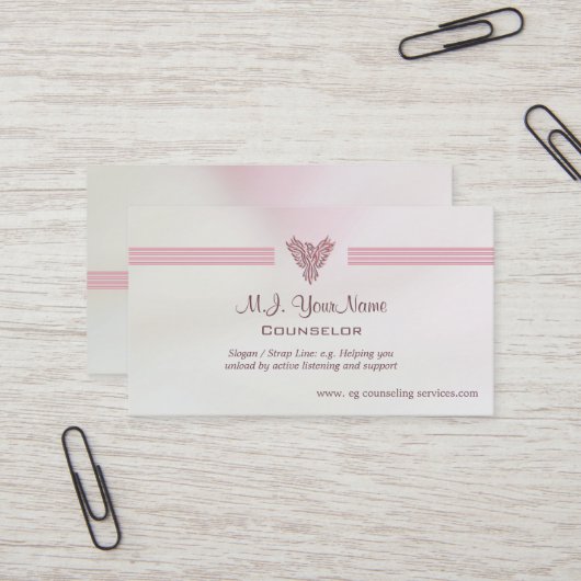 Zalmroze satijneadviseur visitekaartje (Voorkant / Achterkant in situ)