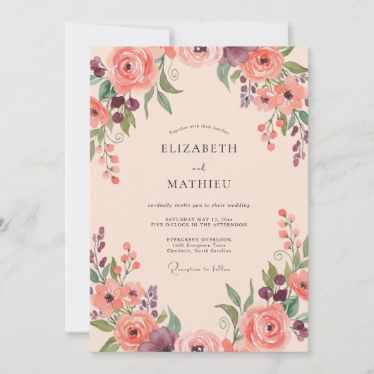 Zalmroze Wilde Bloemen Bruiloft Kaart (Voorkant)