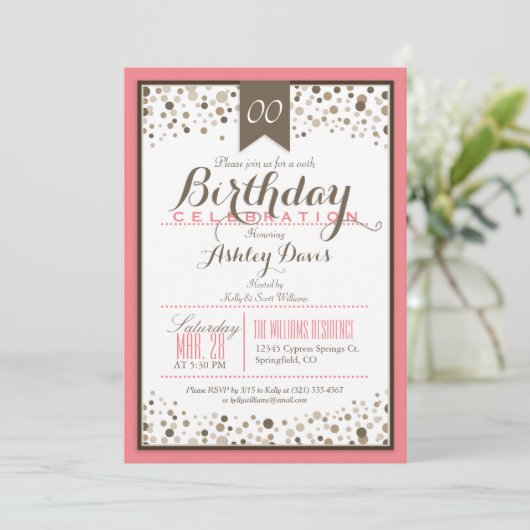 Zalmroze, wit en taupe Modern verjaardagsfeest Kaart (Staand voorkant)