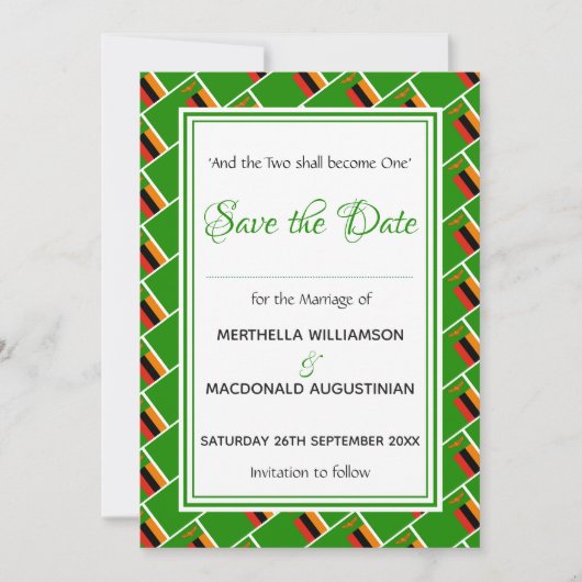 ZAMBIA FLAG Gepersonaliseerd Scripts Stijlvol Zamb Save The Date (Voorkant)