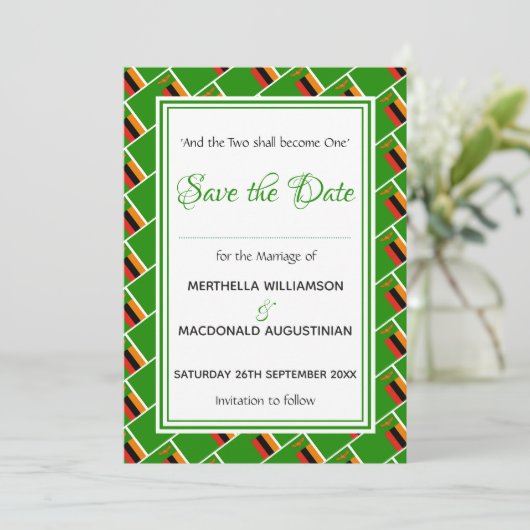 ZAMBIA FLAG Gepersonaliseerd Scripts Stijlvol Zamb Save The Date (Staand voorkant)