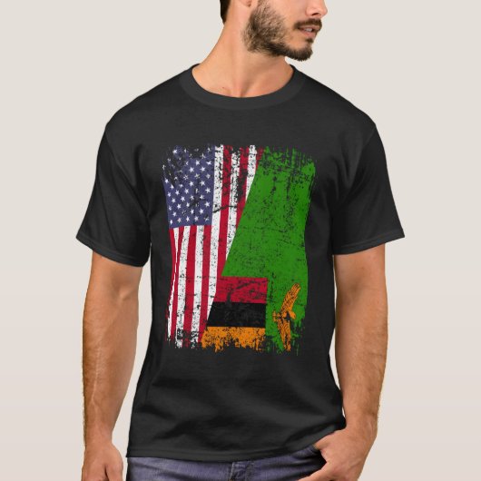 Zambian Roots Half Amerikaanse vlag VS Zambia vlag T-shirt (Voorkant)