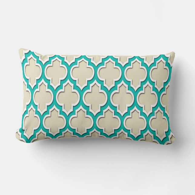 Zand Beige Turquoise Witte Marokkaanse Quatrefoil  Kussen (Voorkant)