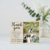 Zand Beige Waterverf Bruiloft Dank u 3 Foto Briefkaart (Staand voorkant)