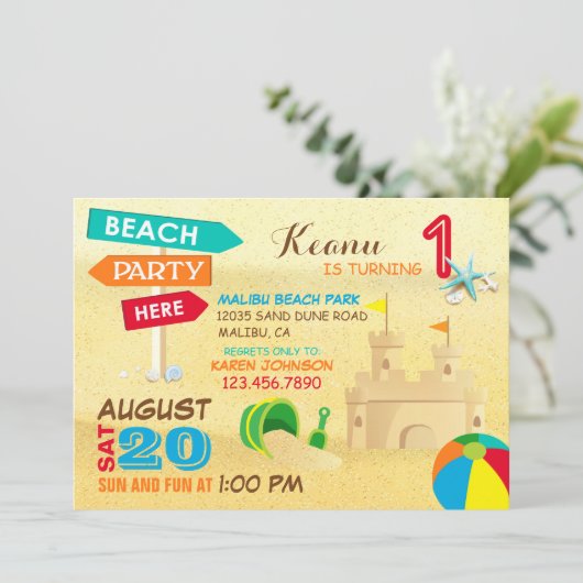 Zand Castle Beach Party Birthday Invitations Kaart (Staand voorkant)