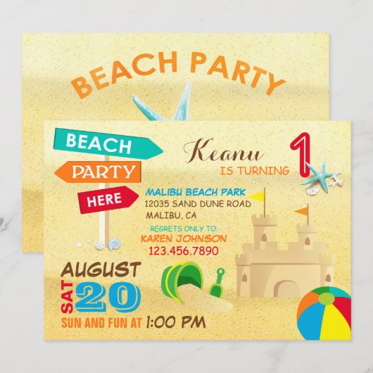 Zand Castle Beach Party Birthday Invitations Kaart (Voorkant / Achterkant)