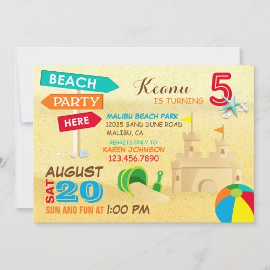 Zand Castle Beach Party Birthday Invitations Kaart (Voorkant)
